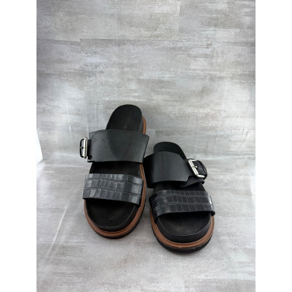 Clarks Women Black Leather Croc Embossed Buckle Slide Sandals 26159512 Size 9M
